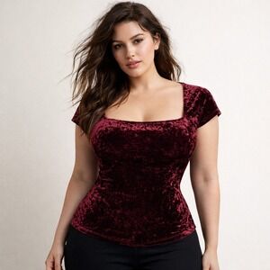 GUESS Burgundy Crushed Velvet Stretch Square-Neck Top Size XL Romantic Y2K Glam
